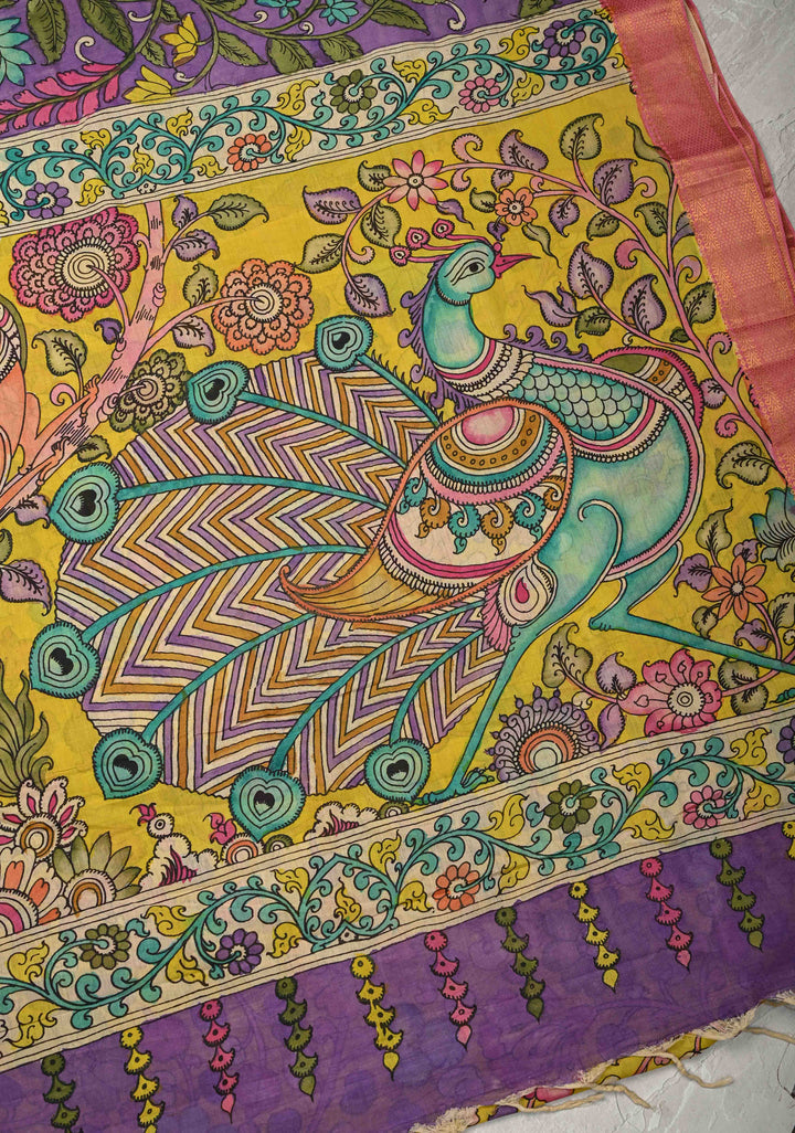 Magnolia Blooms Theme : Purple Authentic Pen Kalamkari on Pure Mangalagiri Silk Cotton Saree with Zari Borders