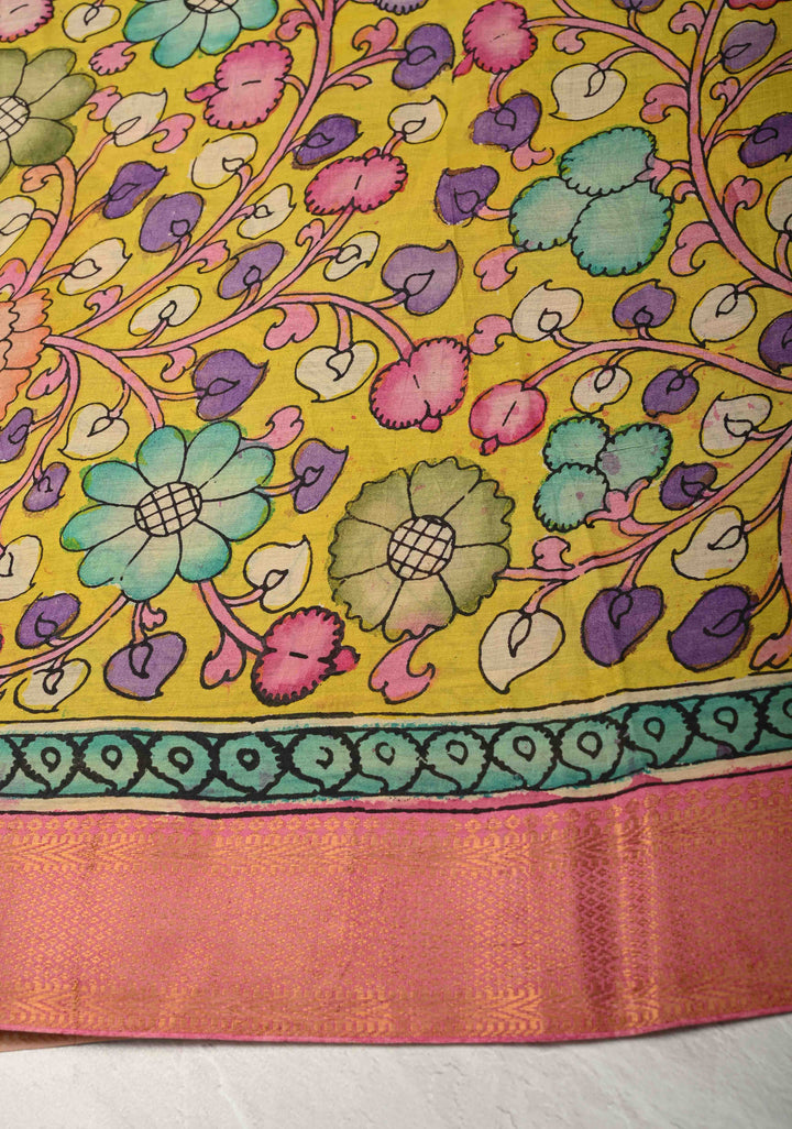 Magnolia Blooms Theme : Purple Authentic Pen Kalamkari on Pure Mangalagiri Silk Cotton Saree with Zari Borders