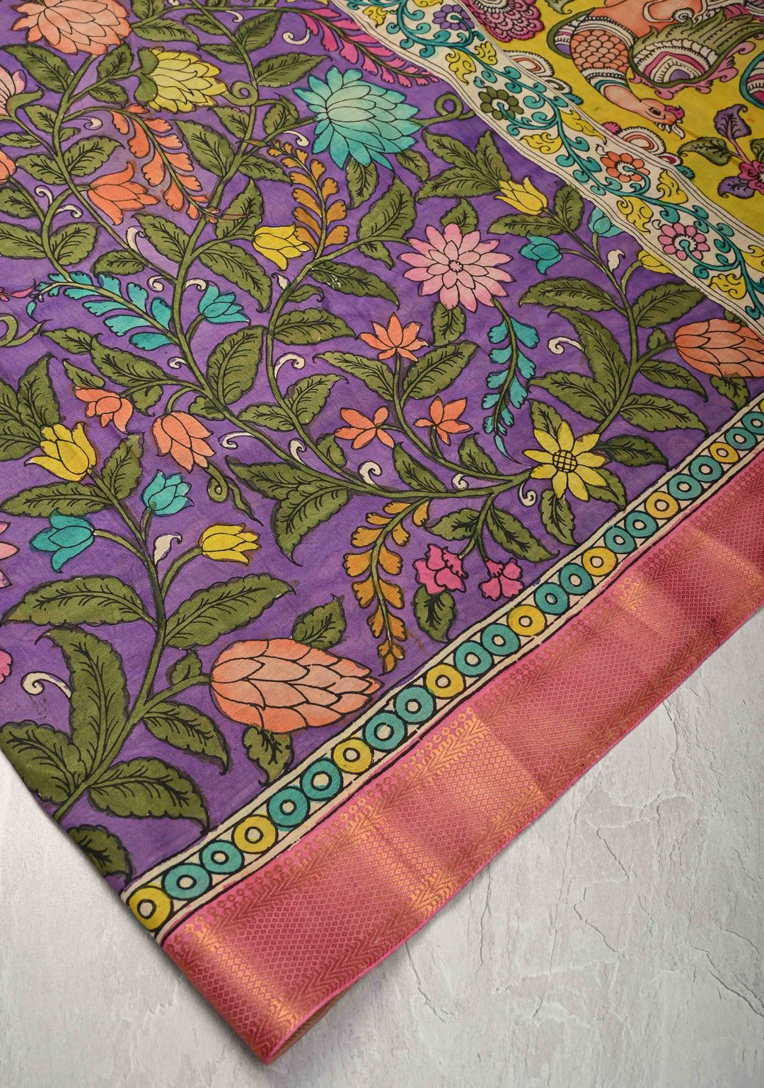 Magnolia Blooms Theme : Purple Authentic Pen Kalamkari on Pure Mangalagiri Silk Cotton Saree with Zari Borders