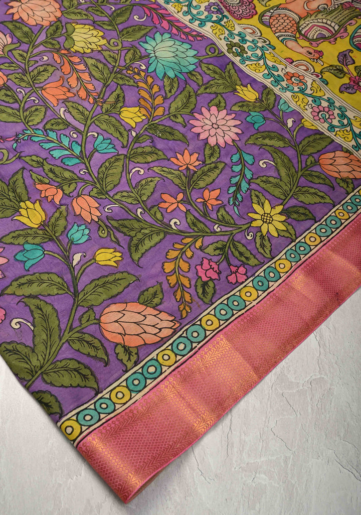 Magnolia Blooms Theme : Purple Authentic Pen Kalamkari on Pure Mangalagiri Silk Cotton Saree with Zari Borders