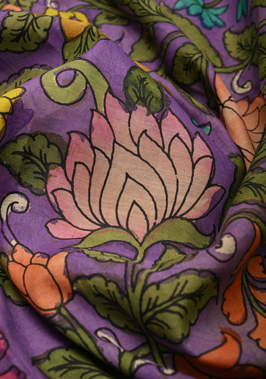 Magnolia Blooms Theme : Purple Authentic Pen Kalamkari on Pure Mangalagiri Silk Cotton Saree with Zari Borders