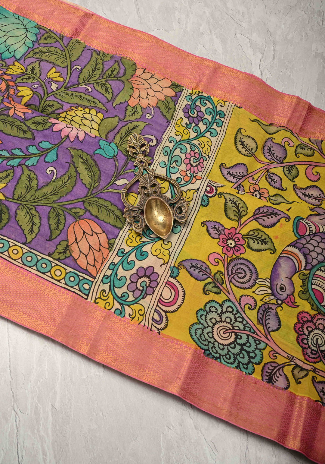 Magnolia Blooms Theme : Purple Authentic Pen Kalamkari on Pure Mangalagiri Silk Cotton Saree with Zari Borders