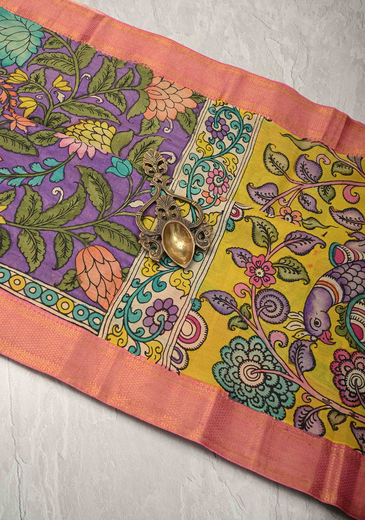 Magnolia Blooms Theme : Purple Authentic Pen Kalamkari on Pure Mangalagiri Silk Cotton Saree with Zari Borders