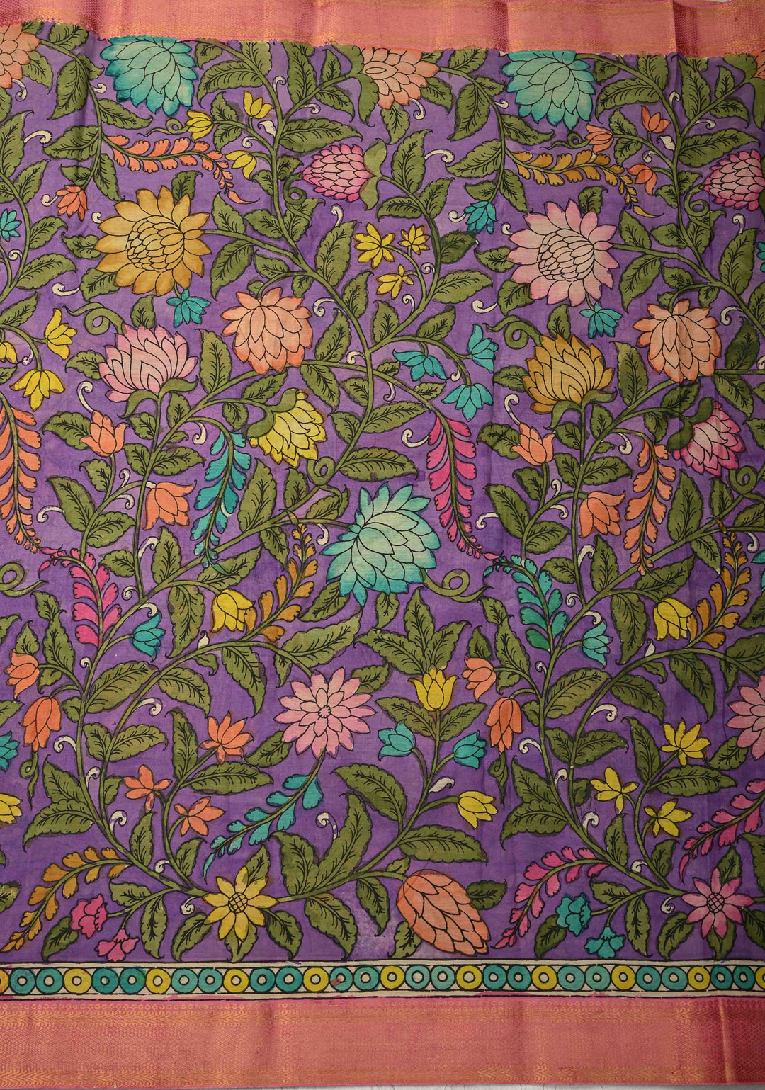 Magnolia Blooms Theme : Purple Authentic Pen Kalamkari on Pure Mangalagiri Silk Cotton Saree with Zari Borders