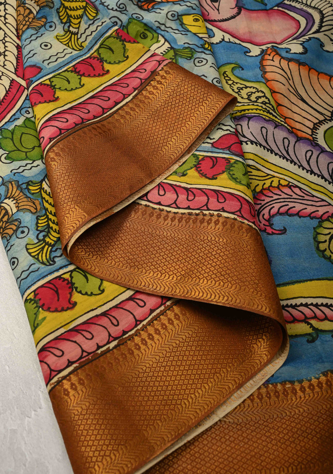 Mathsya Pond and Lotus Theme :  Laconia Yellow Authentic Pen Kalamkari on Pure Mangalagiri Silk Cotton Saree with Zari Borders