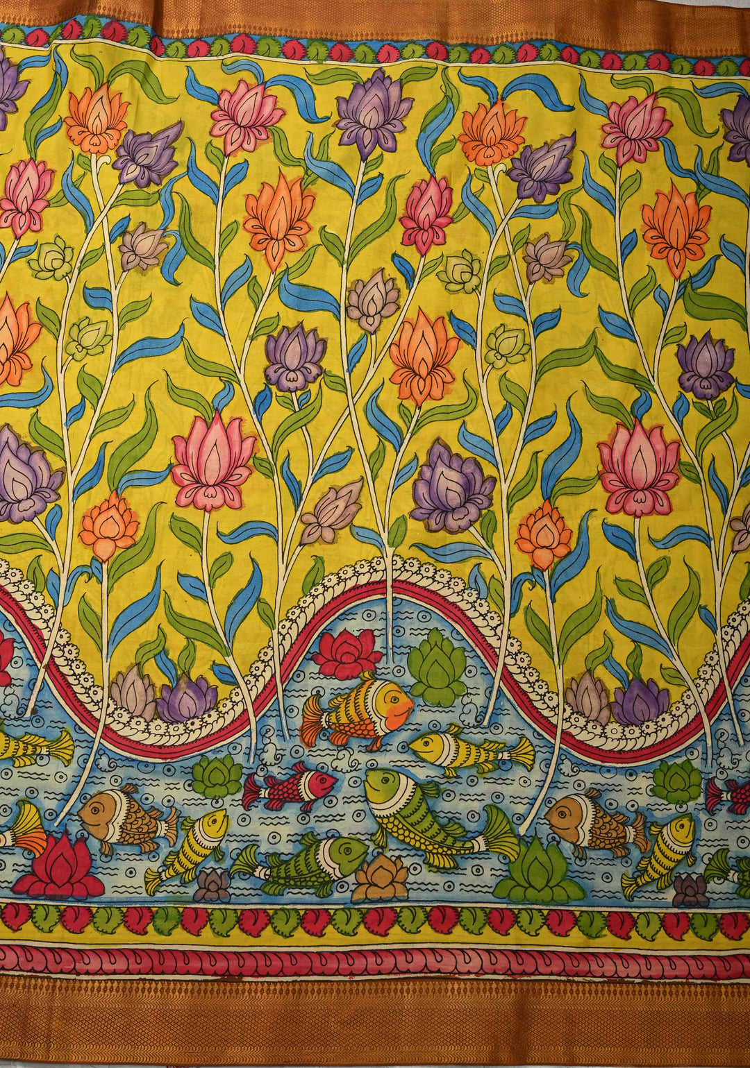 Mathsya Pond and Lotus Theme :  Laconia Yellow Authentic Pen Kalamkari on Pure Mangalagiri Silk Cotton Saree with Zari Borders