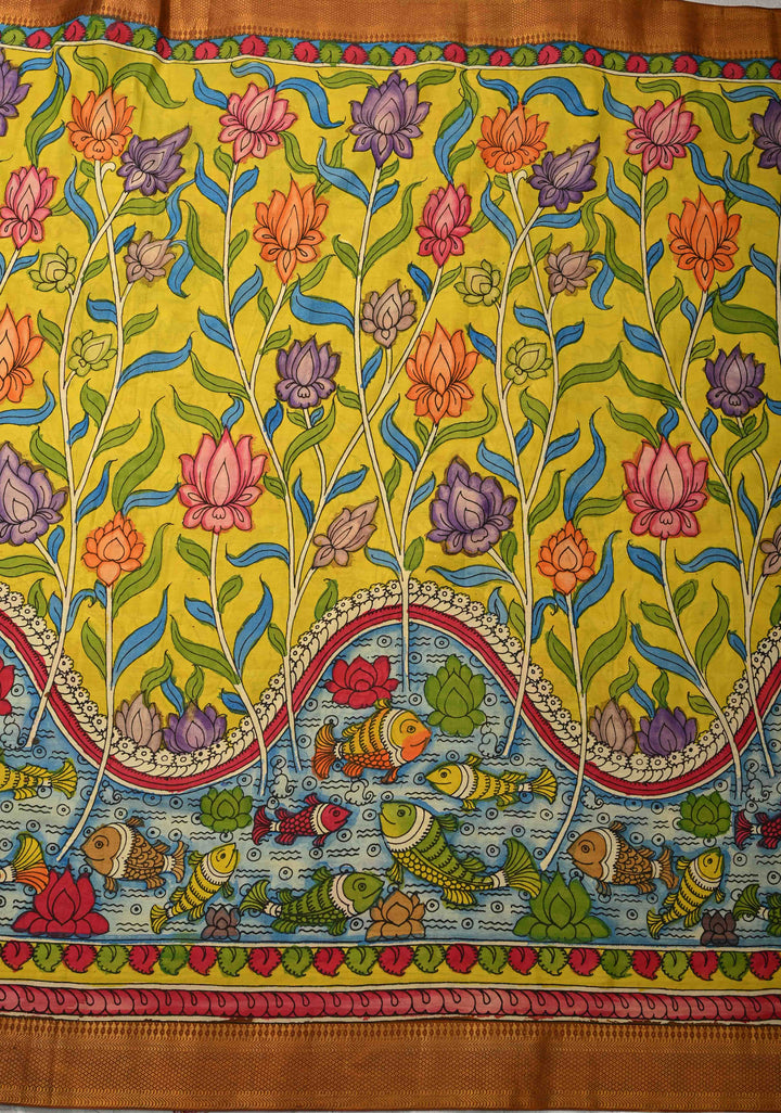 Mathsya Pond and Lotus Theme :  Laconia Yellow Authentic Pen Kalamkari on Pure Mangalagiri Silk Cotton Saree with Zari Borders