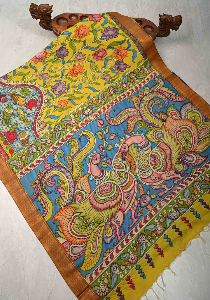 Mathsya Pond and Lotus Theme :  Laconia Yellow Authentic Pen Kalamkari on Pure Mangalagiri Silk Cotton Saree with Zari Borders