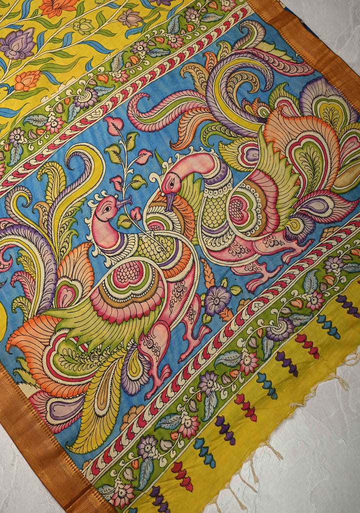 Mathsya Pond and Lotus Theme :  Laconia Yellow Authentic Pen Kalamkari on Pure Mangalagiri Silk Cotton Saree with Zari Borders
