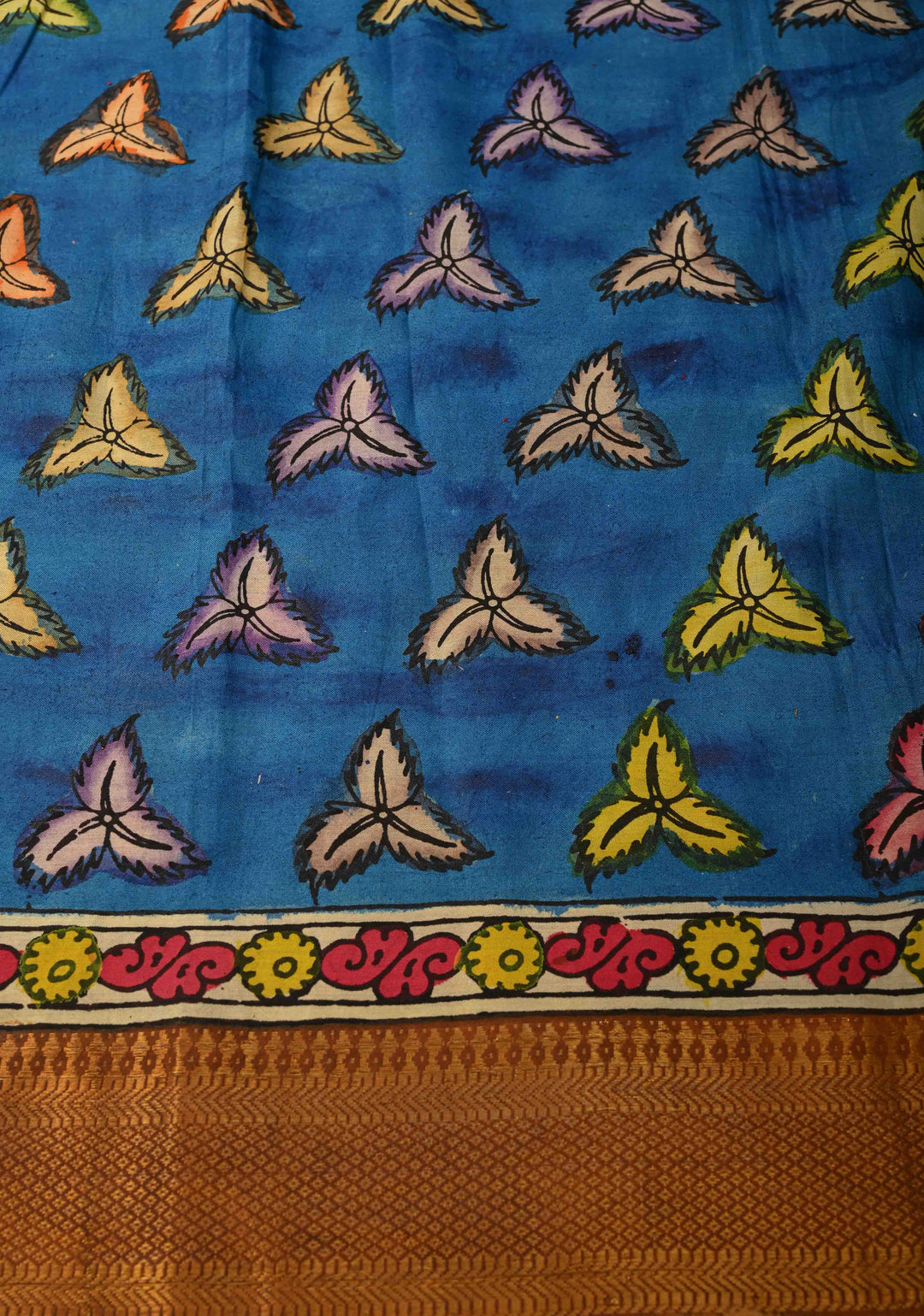 Mathsya Pond and Lotus Theme :  Laconia Yellow Authentic Pen Kalamkari on Pure Mangalagiri Silk Cotton Saree with Zari Borders