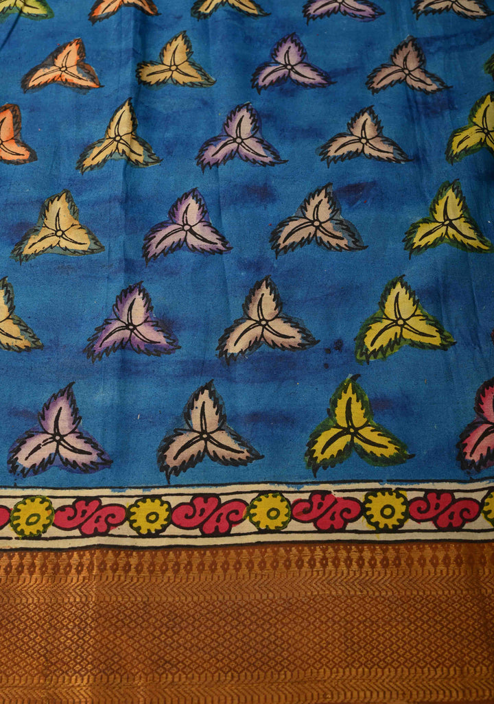 Mathsya Pond and Lotus Theme :  Laconia Yellow Authentic Pen Kalamkari on Pure Mangalagiri Silk Cotton Saree with Zari Borders
