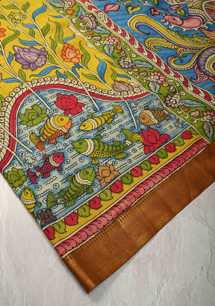 Mathsya Pond and Lotus Theme :  Laconia Yellow Authentic Pen Kalamkari on Pure Mangalagiri Silk Cotton Saree with Zari Borders