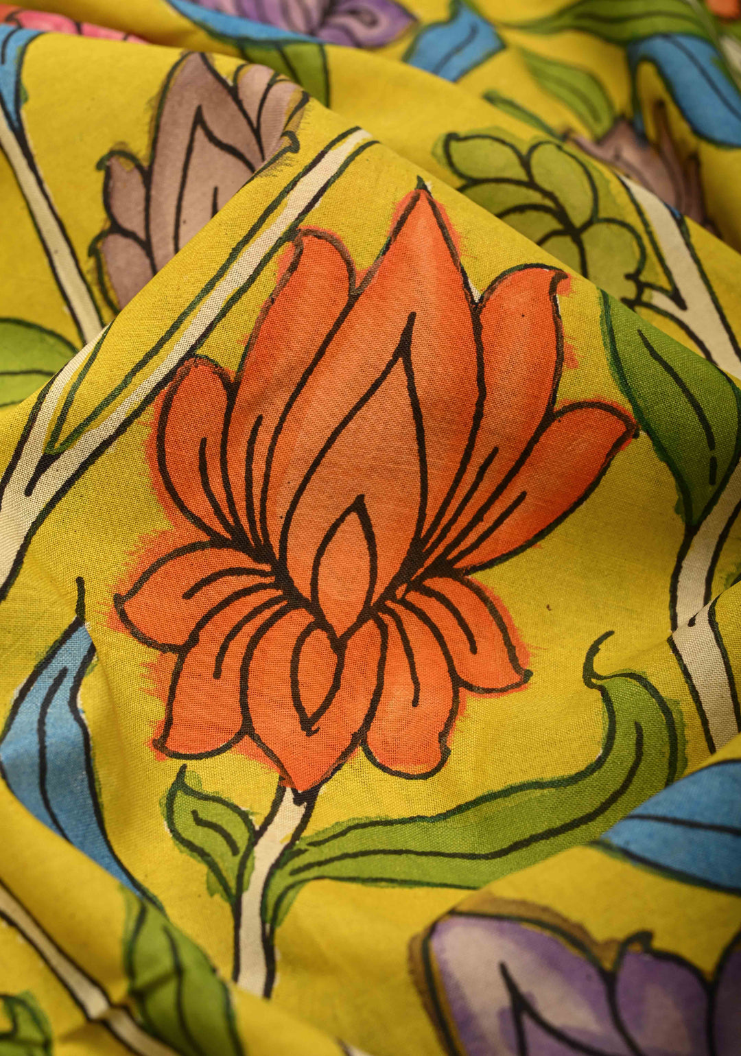 Mathsya Pond and Lotus Theme :  Laconia Yellow Authentic Pen Kalamkari on Pure Mangalagiri Silk Cotton Saree with Zari Borders
