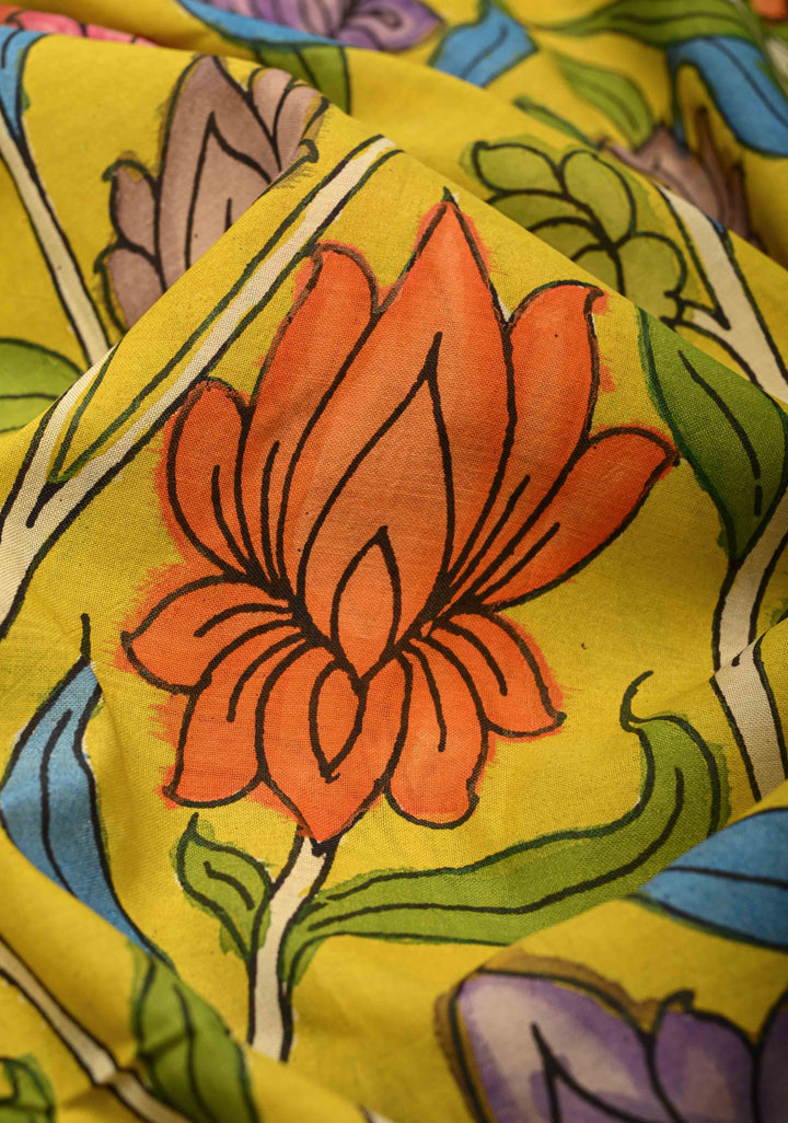 Mathsya Pond and Lotus Theme :  Laconia Yellow Authentic Pen Kalamkari on Pure Mangalagiri Silk Cotton Saree with Zari Borders