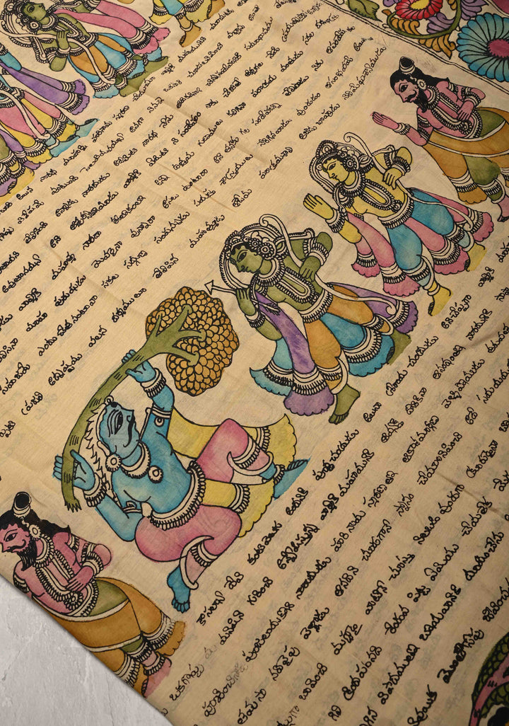 Ramayana - Telugu Script and Motiifs Theme : Authentic Pen Kalamkari on Pure Mangalagiri Silk Cotton Saree with Zari Borders