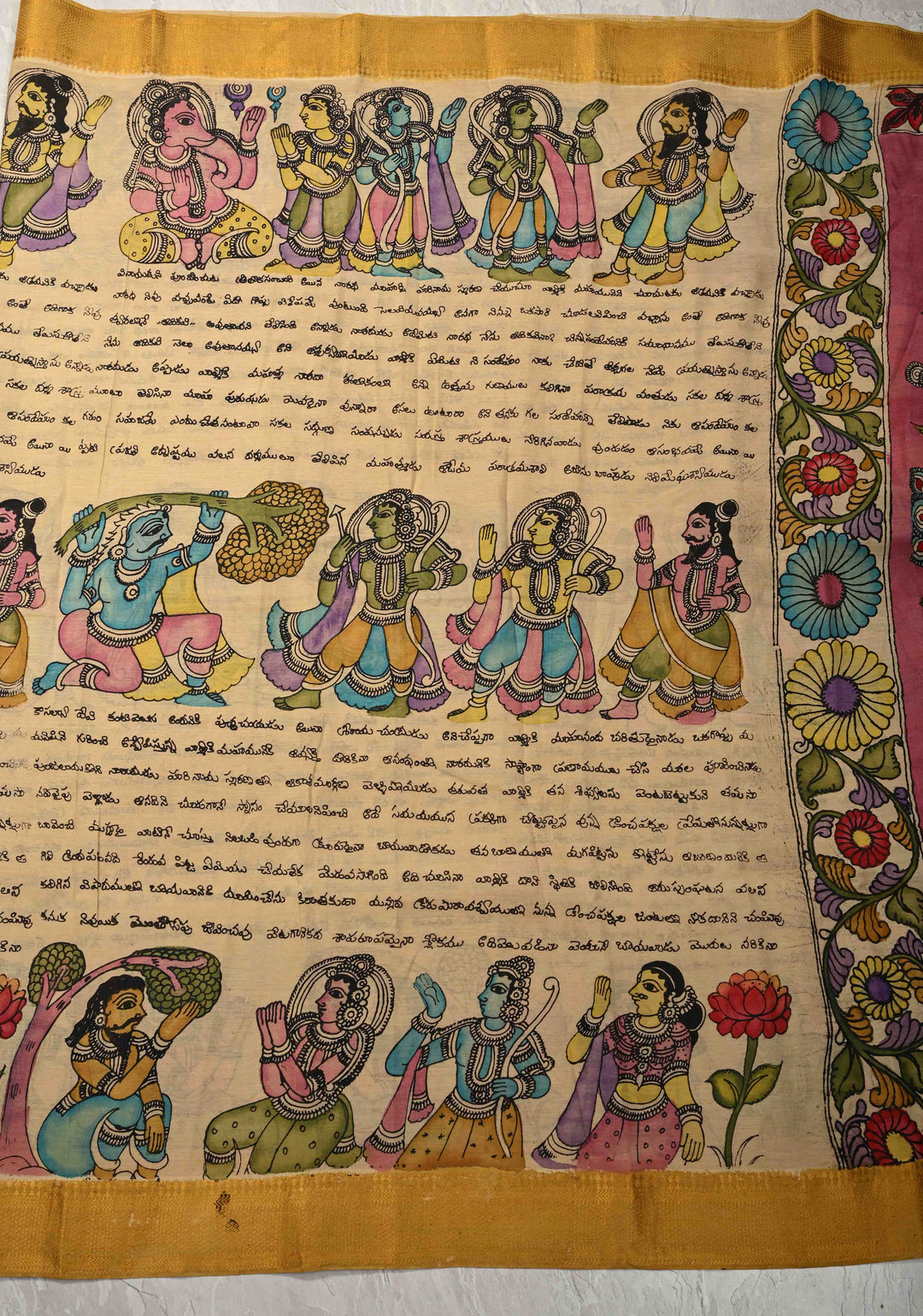Ramayana - Telugu Script and Motiifs Theme : Authentic Pen Kalamkari on Pure Mangalagiri Silk Cotton Saree with Zari Borders