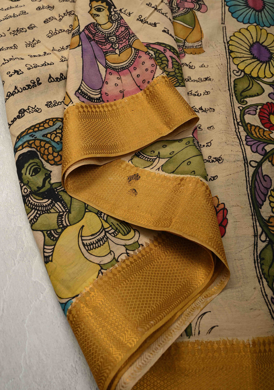 Ramayana - Telugu Script and Motiifs Theme : Authentic Pen Kalamkari on Pure Mangalagiri Silk Cotton Saree with Zari Borders