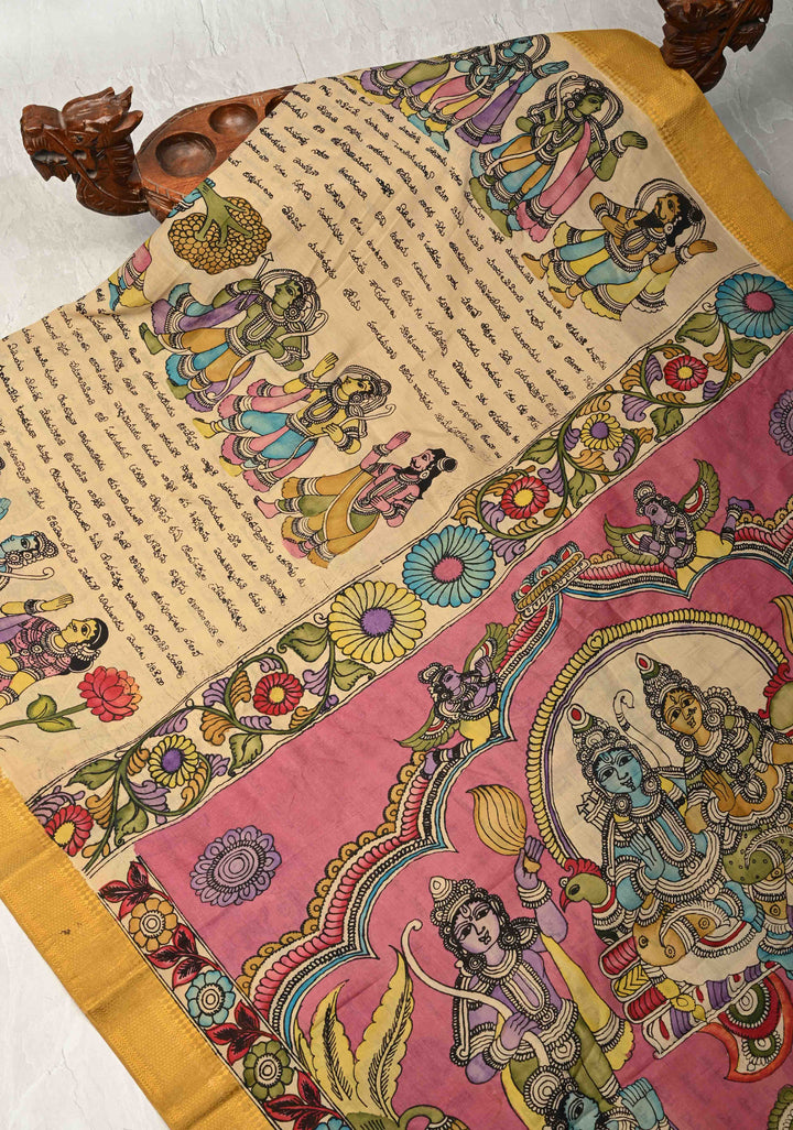 Ramayana - Telugu Script and Motiifs Theme : Authentic Pen Kalamkari on Pure Mangalagiri Silk Cotton Saree with Zari Borders