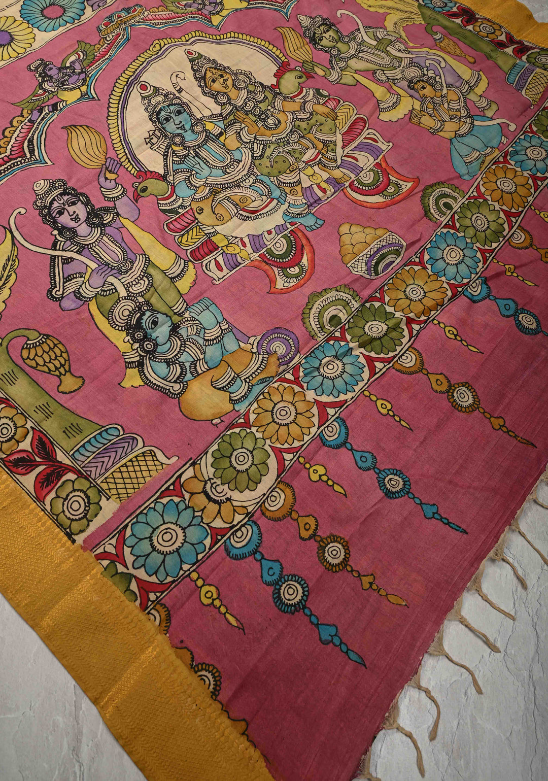 Ramayana - Telugu Script and Motiifs Theme : Authentic Pen Kalamkari on Pure Mangalagiri Silk Cotton Saree with Zari Borders