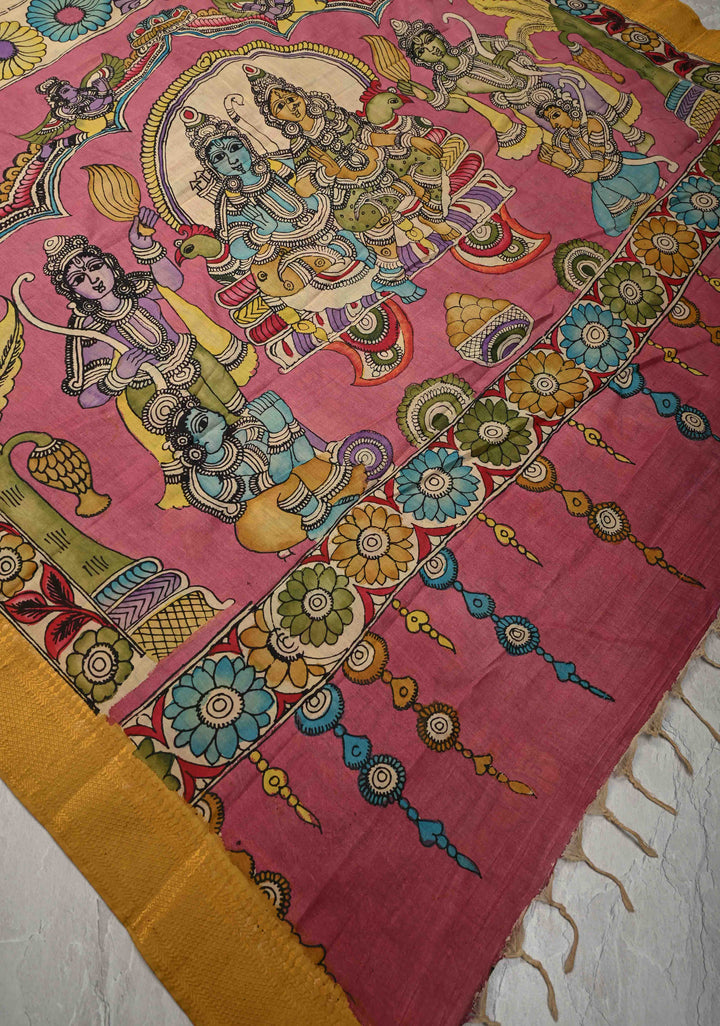 Ramayana - Telugu Script and Motiifs Theme : Authentic Pen Kalamkari on Pure Mangalagiri Silk Cotton Saree with Zari Borders