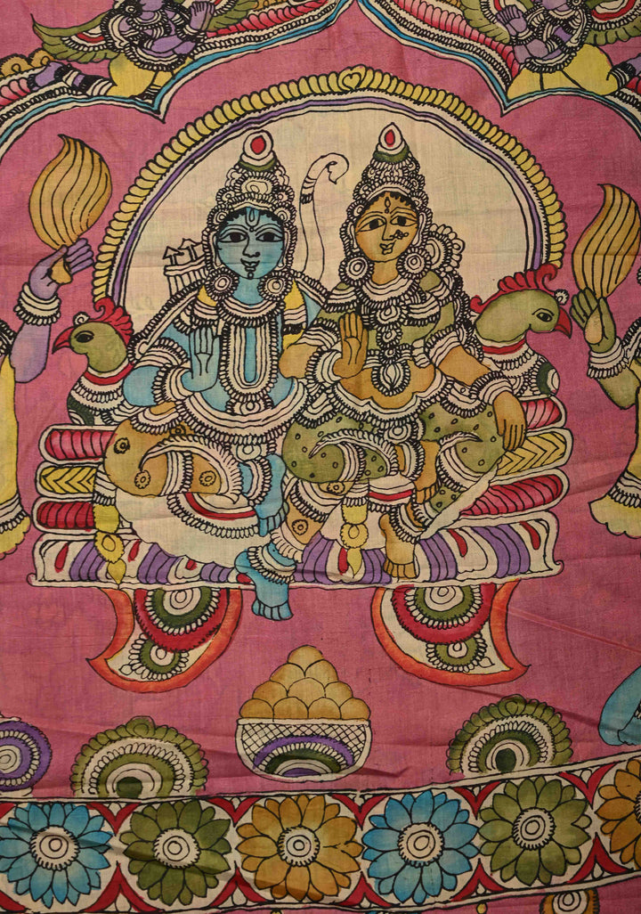 Ramayana - Telugu Script and Motiifs Theme : Authentic Pen Kalamkari on Pure Mangalagiri Silk Cotton Saree with Zari Borders