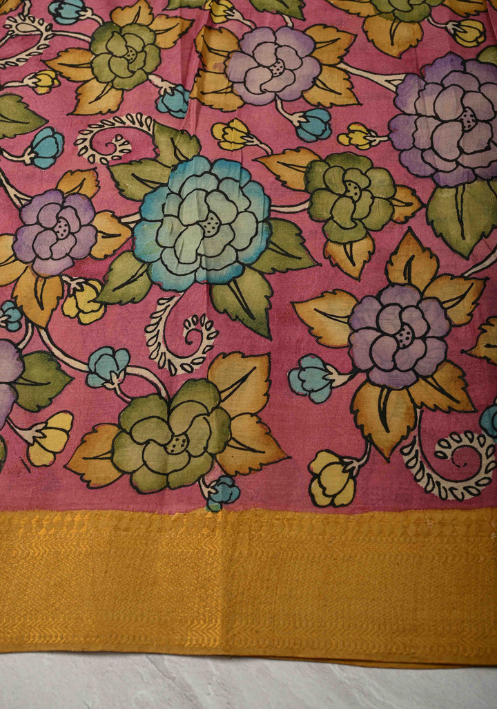 Ramayana - Telugu Script and Motiifs Theme : Authentic Pen Kalamkari on Pure Mangalagiri Silk Cotton Saree with Zari Borders