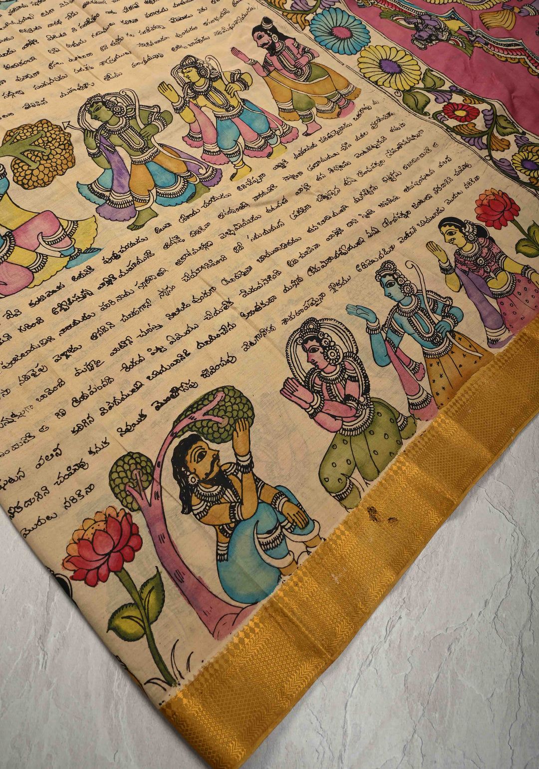 Ramayana - Telugu Script and Motiifs Theme : Authentic Pen Kalamkari on Pure Mangalagiri Silk Cotton Saree with Zari Borders
