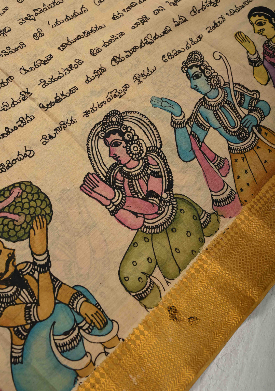 Ramayana - Telugu Script and Motiifs Theme : Authentic Pen Kalamkari on Pure Mangalagiri Silk Cotton Saree with Zari Borders