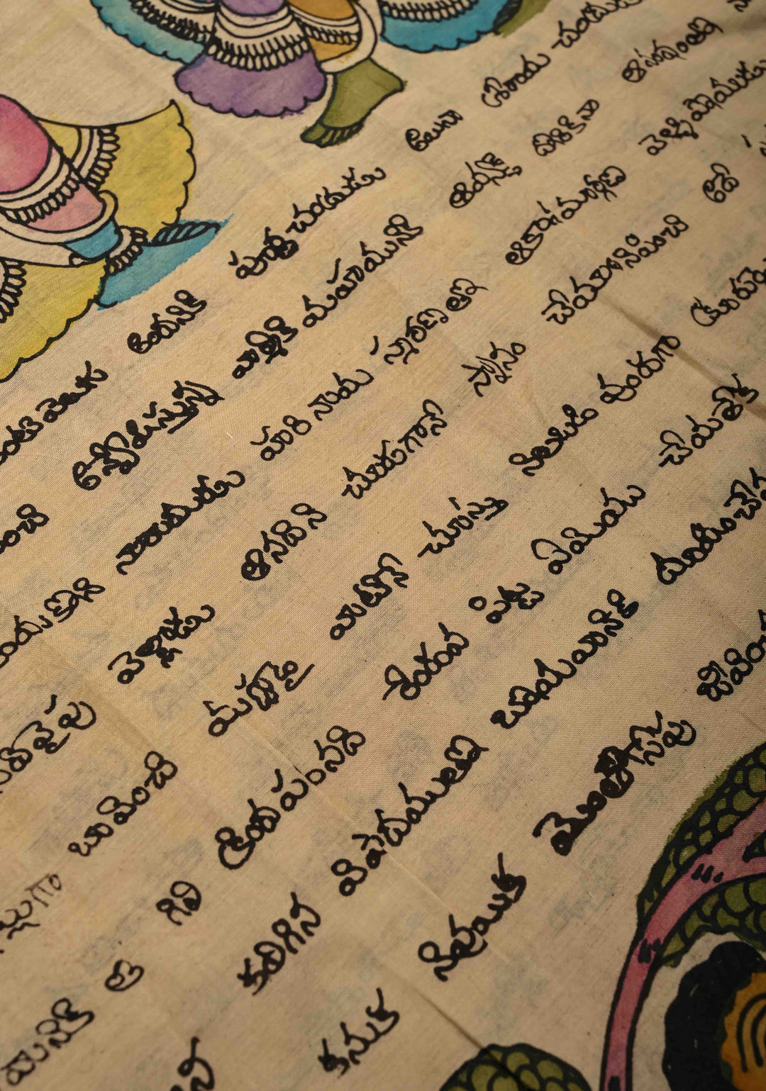 Ramayana - Telugu Script and Motiifs Theme : Authentic Pen Kalamkari on Pure Mangalagiri Silk Cotton Saree with Zari Borders