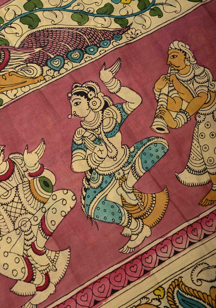 Music and Dance Theme : Authentic Pen Kalamkari on Pure Mangalagiri Silk Cotton Saree with Zari Borders