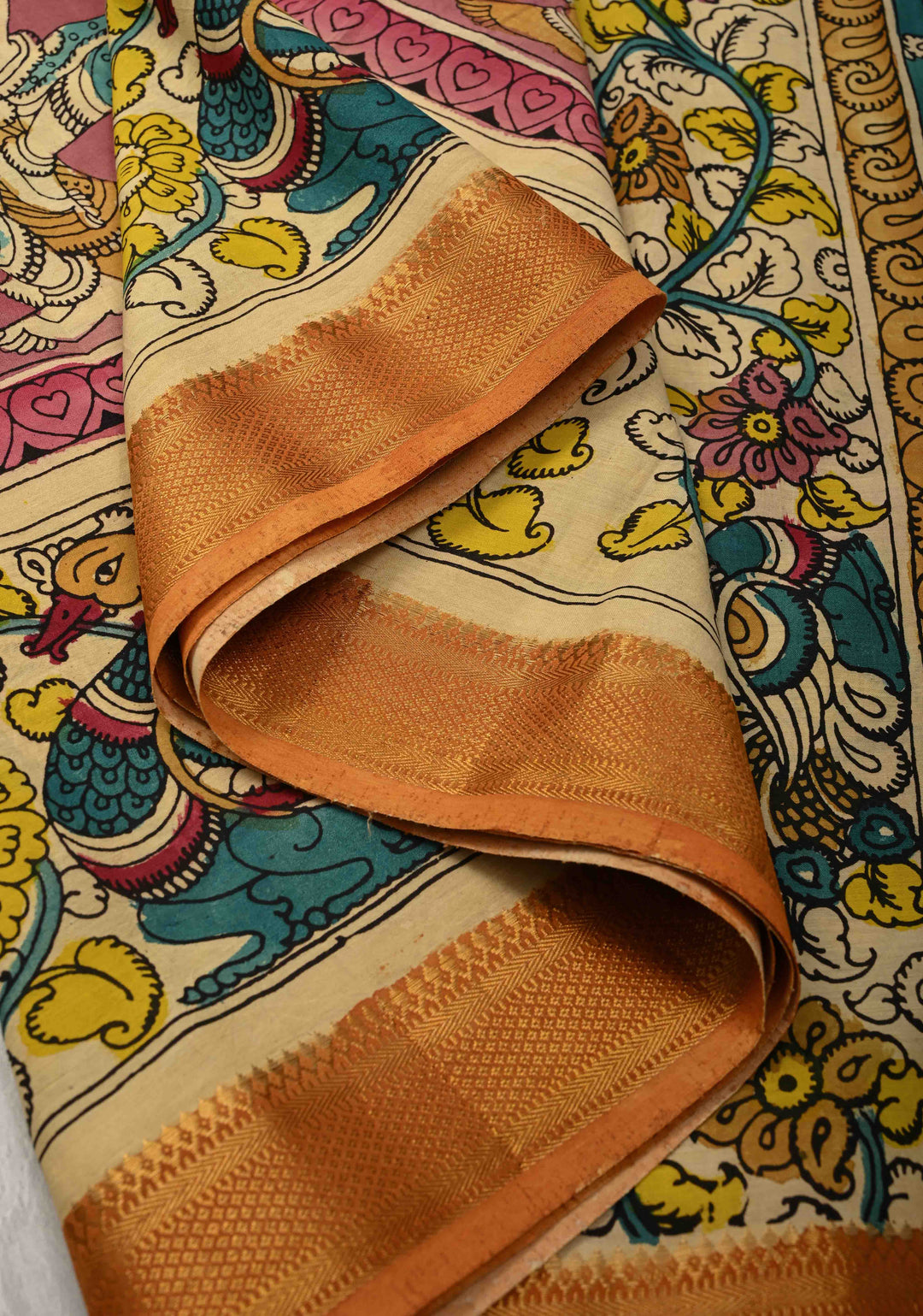 Music and Dance Theme : Authentic Pen Kalamkari on Pure Mangalagiri Silk Cotton Saree with Zari Borders