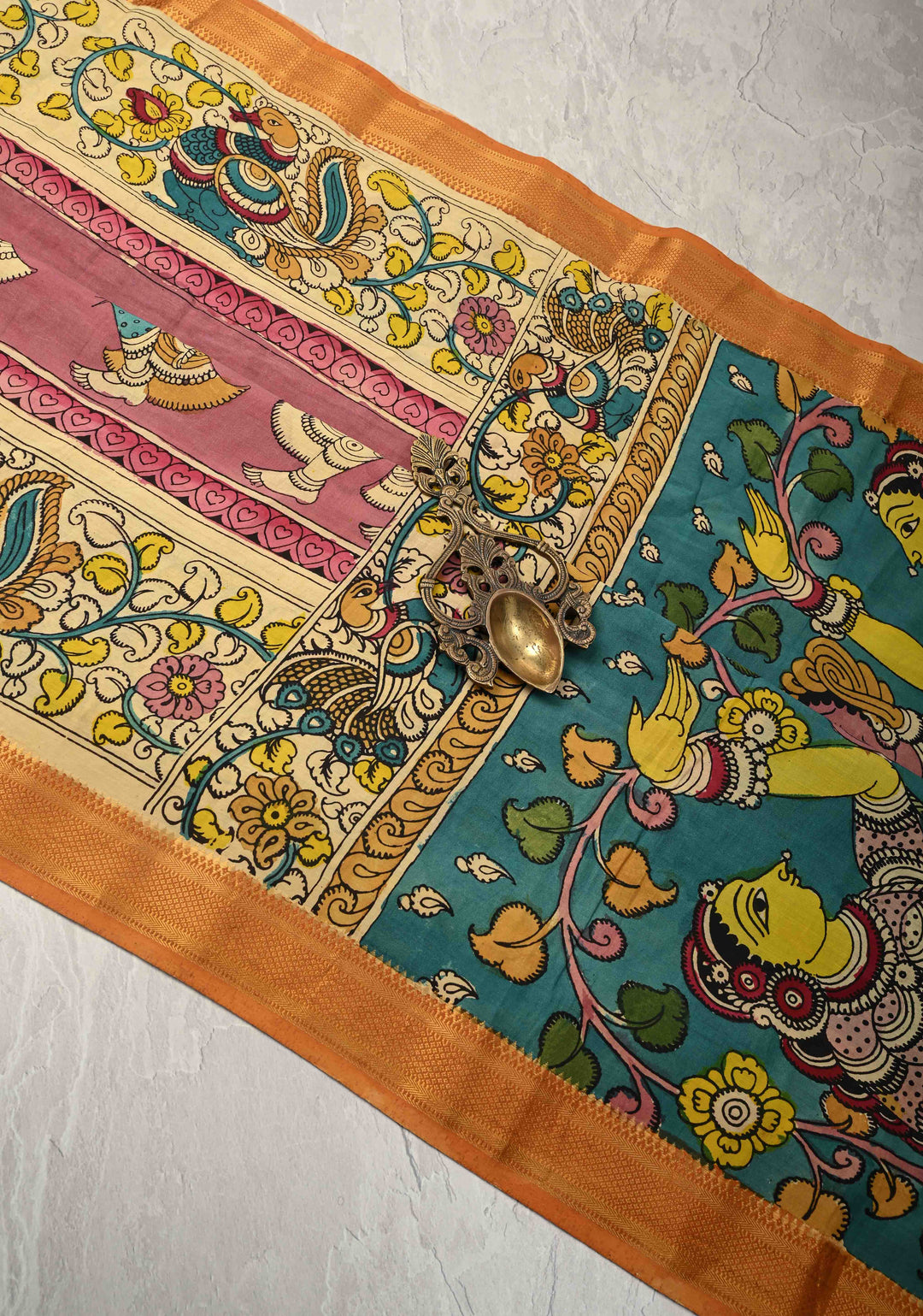 Music and Dance Theme : Authentic Pen Kalamkari on Pure Mangalagiri Silk Cotton Saree with Zari Borders