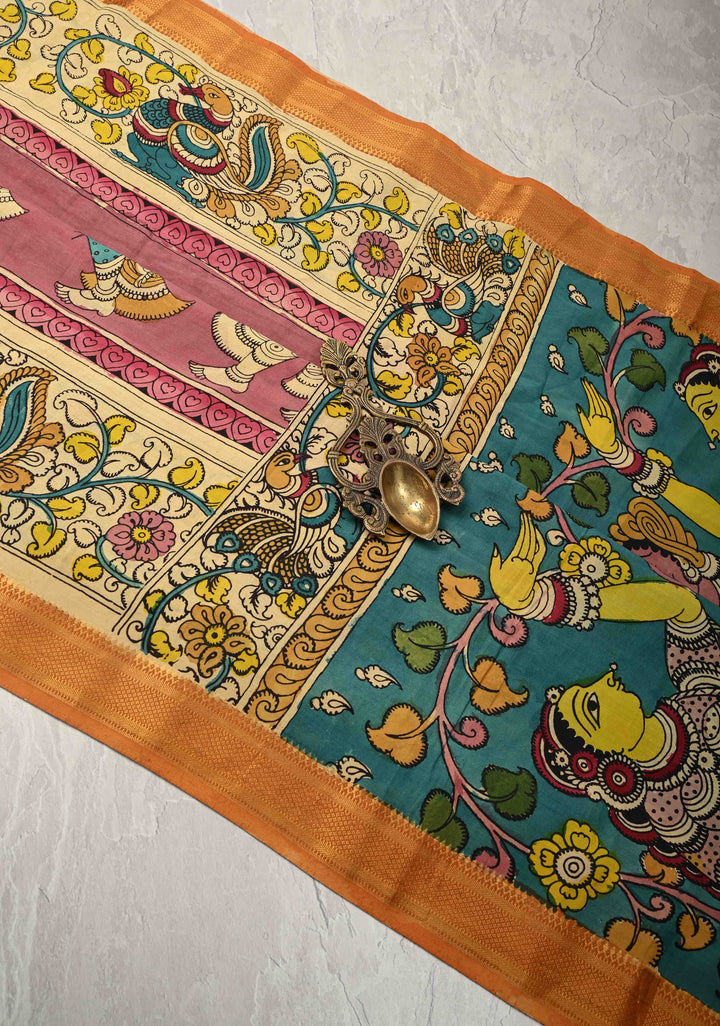 Music and Dance Theme : Authentic Pen Kalamkari on Pure Mangalagiri Silk Cotton Saree with Zari Borders
