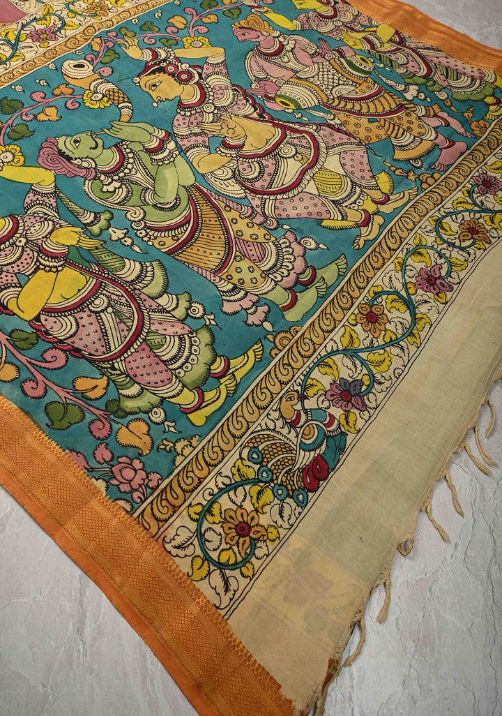 Music and Dance Theme : Authentic Pen Kalamkari on Pure Mangalagiri Silk Cotton Saree with Zari Borders
