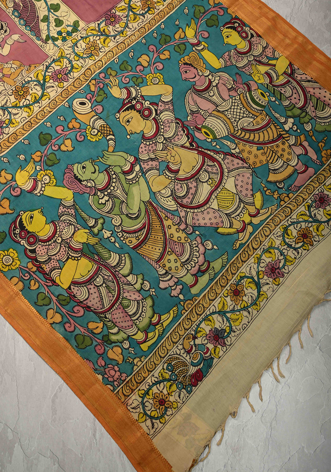 Music and Dance Theme : Authentic Pen Kalamkari on Pure Mangalagiri Silk Cotton Saree with Zari Borders