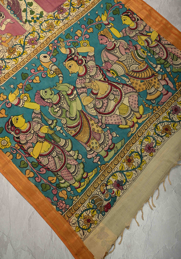 Music and Dance Theme : Authentic Pen Kalamkari on Pure Mangalagiri Silk Cotton Saree with Zari Borders