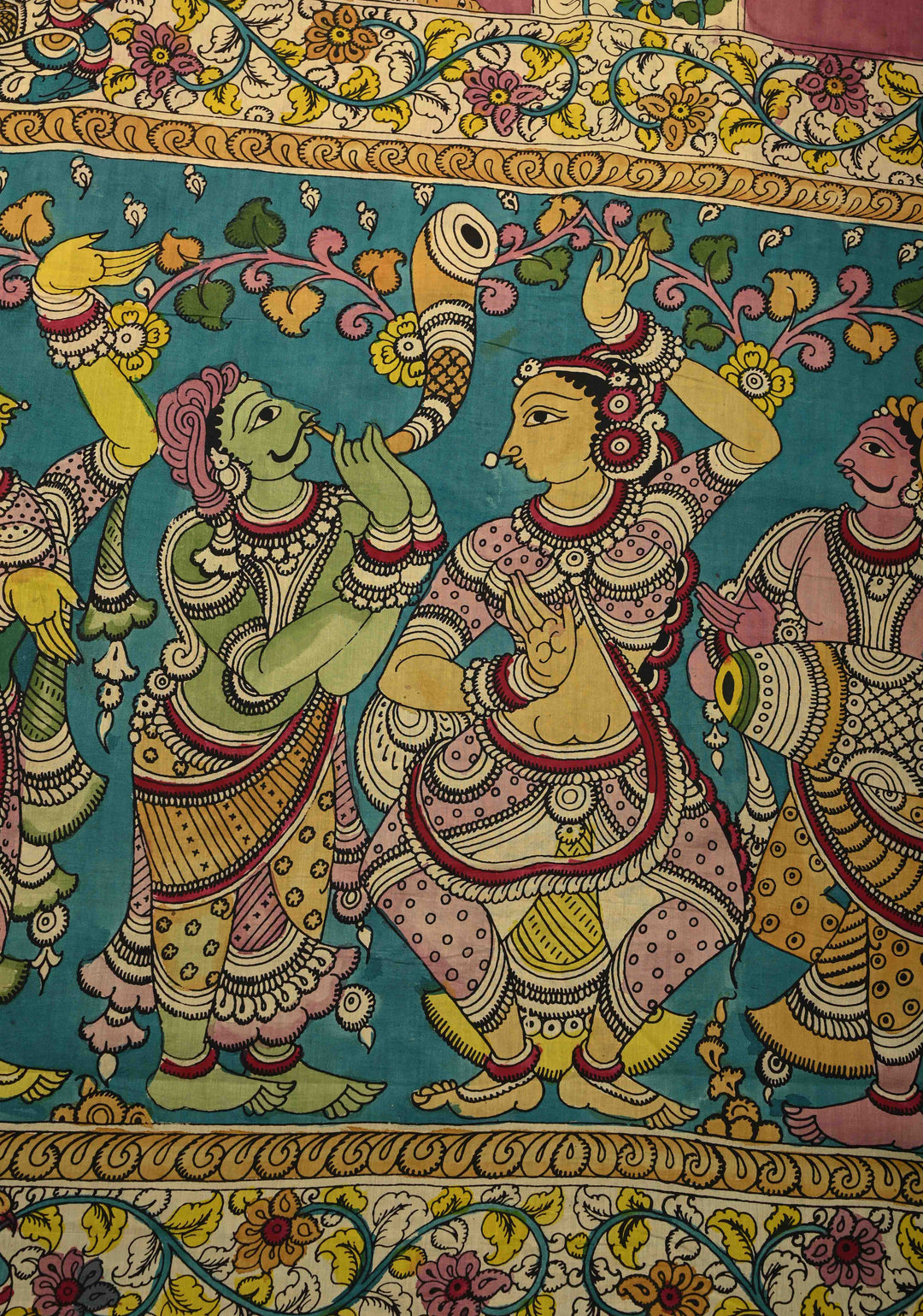Music and Dance Theme : Authentic Pen Kalamkari on Pure Mangalagiri Silk Cotton Saree with Zari Borders