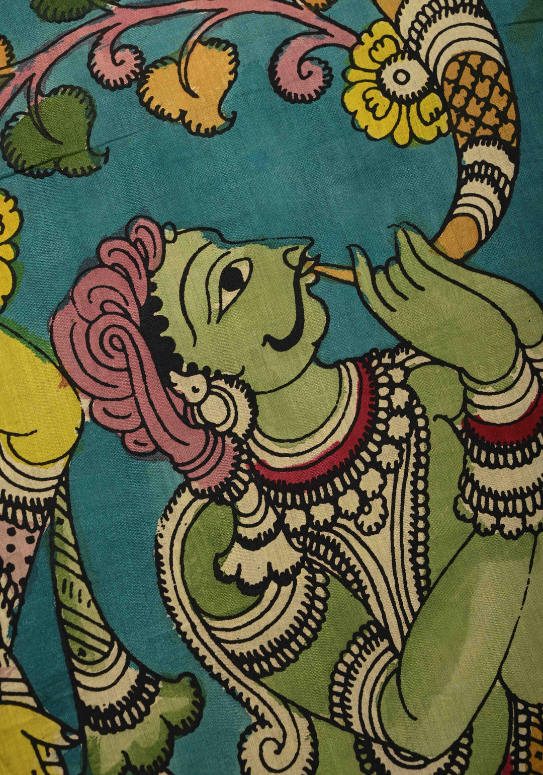 Music and Dance Theme : Authentic Pen Kalamkari on Pure Mangalagiri Silk Cotton Saree with Zari Borders
