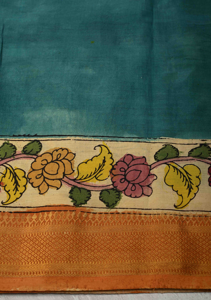 Music and Dance Theme : Authentic Pen Kalamkari on Pure Mangalagiri Silk Cotton Saree with Zari Borders