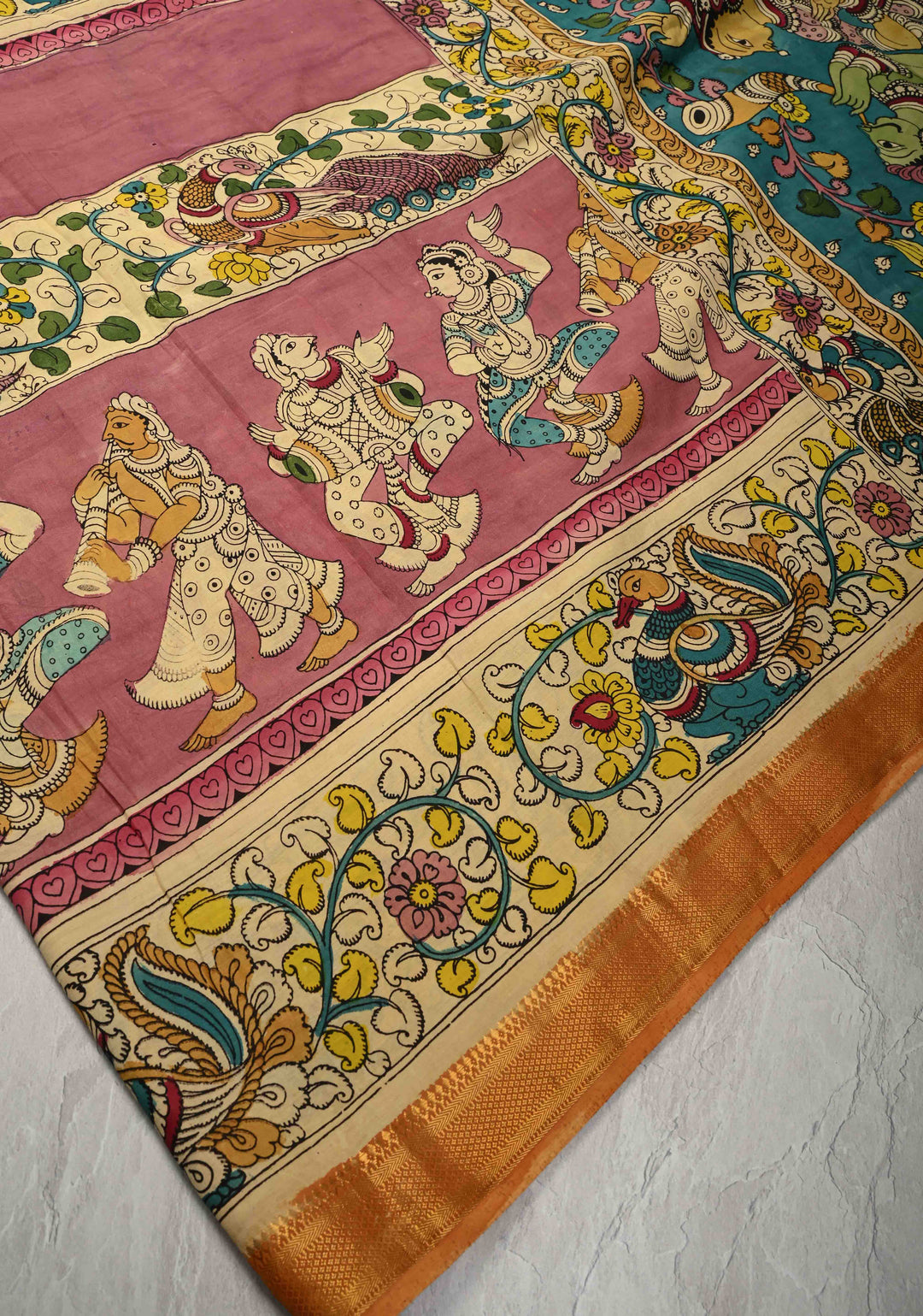 Music and Dance Theme : Authentic Pen Kalamkari on Pure Mangalagiri Silk Cotton Saree with Zari Borders