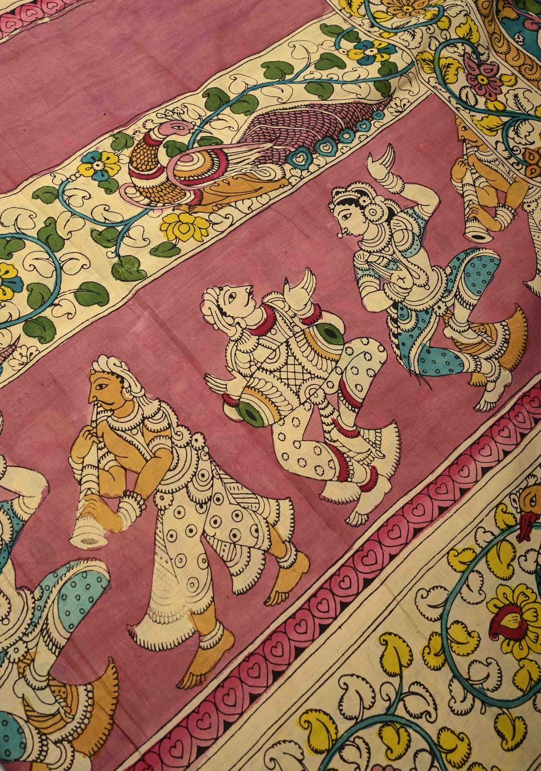 Music and Dance Theme : Authentic Pen Kalamkari on Pure Mangalagiri Silk Cotton Saree with Zari Borders
