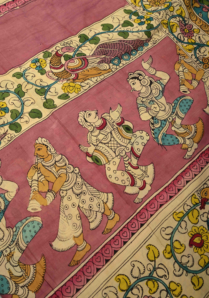 Music and Dance Theme : Authentic Pen Kalamkari on Pure Mangalagiri Silk Cotton Saree with Zari Borders