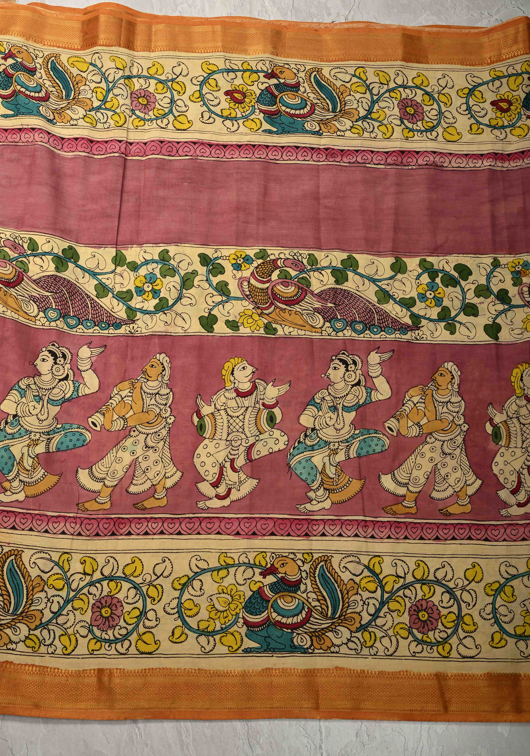 Music and Dance Theme : Authentic Pen Kalamkari on Pure Mangalagiri Silk Cotton Saree with Zari Borders