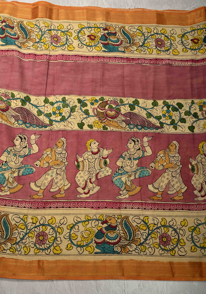 Music and Dance Theme : Authentic Pen Kalamkari on Pure Mangalagiri Silk Cotton Saree with Zari Borders