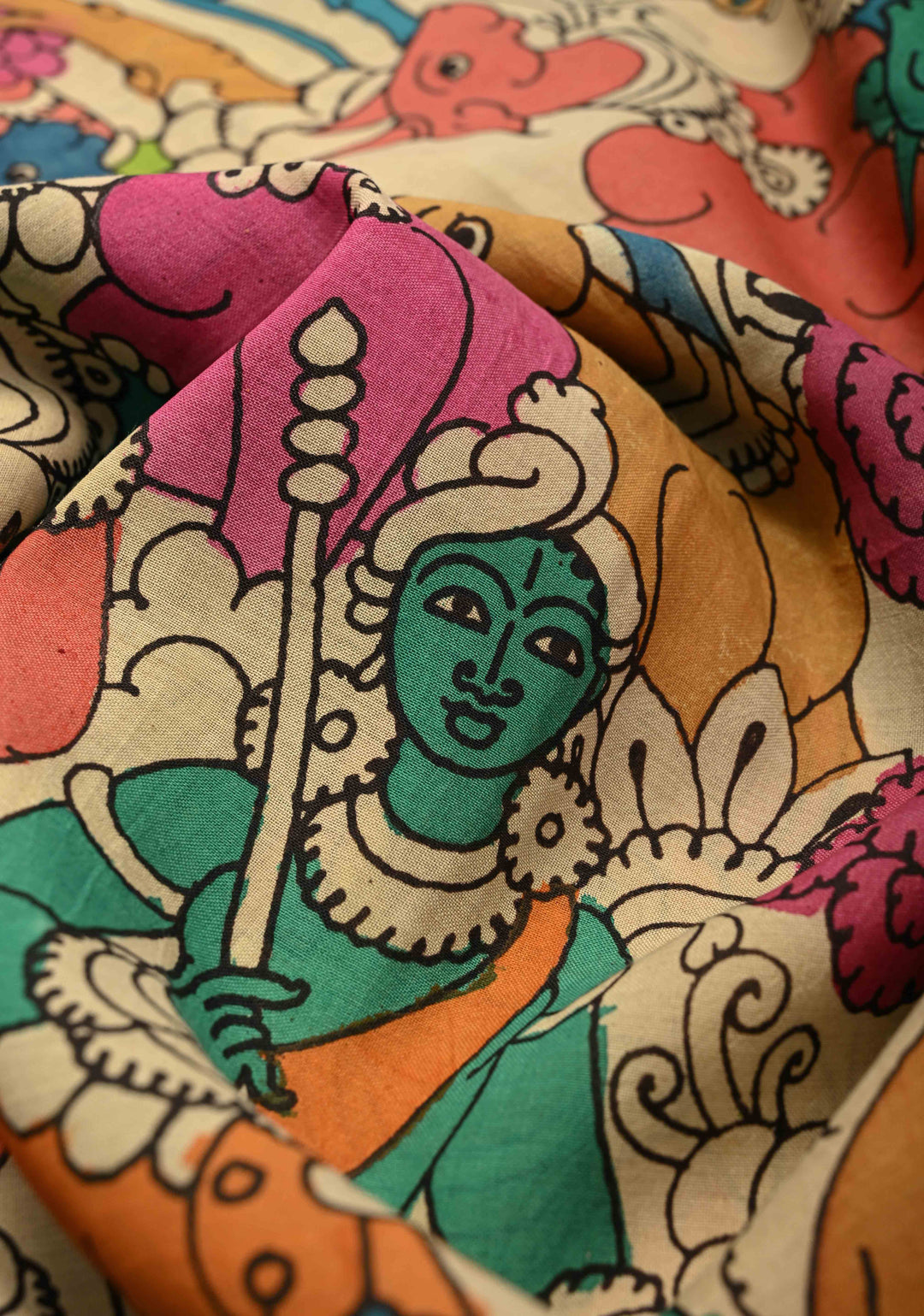 Krishna-Balraam and Pichwai Theme : Authentic Pen Kalamkari on Pure Mangalagiri Silk Cotton Saree with Zari Borders