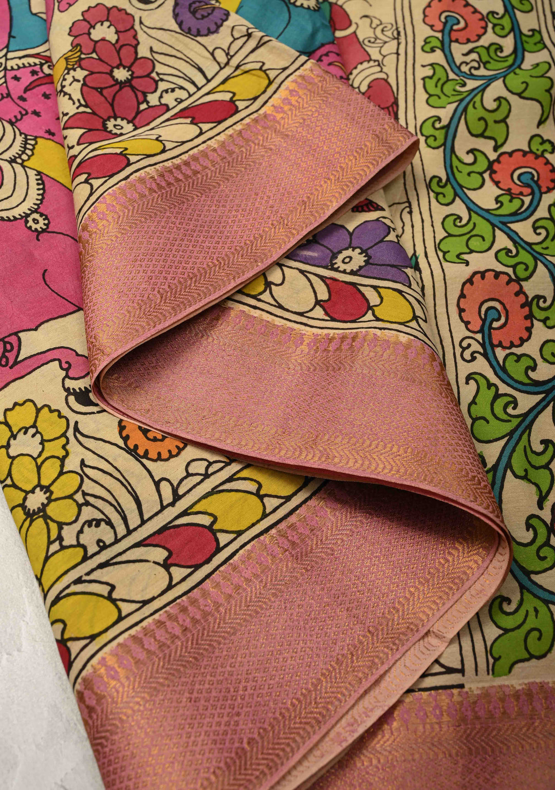 Krishna-Balraam and Pichwai Theme : Authentic Pen Kalamkari on Pure Mangalagiri Silk Cotton Saree with Zari Borders
