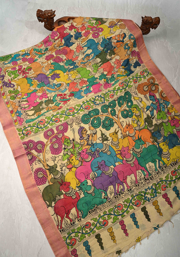 Krishna-Balraam and Pichwai Theme : Authentic Pen Kalamkari on Pure Mangalagiri Silk Cotton Saree with Zari Borders