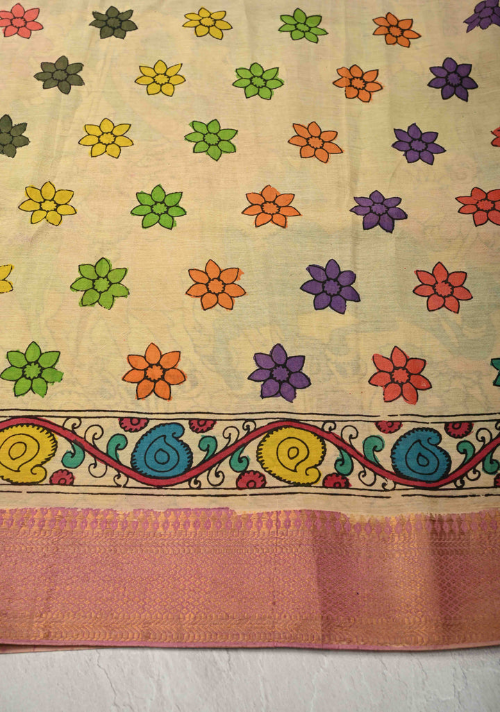 Krishna-Balraam and Pichwai Theme : Authentic Pen Kalamkari on Pure Mangalagiri Silk Cotton Saree with Zari Borders