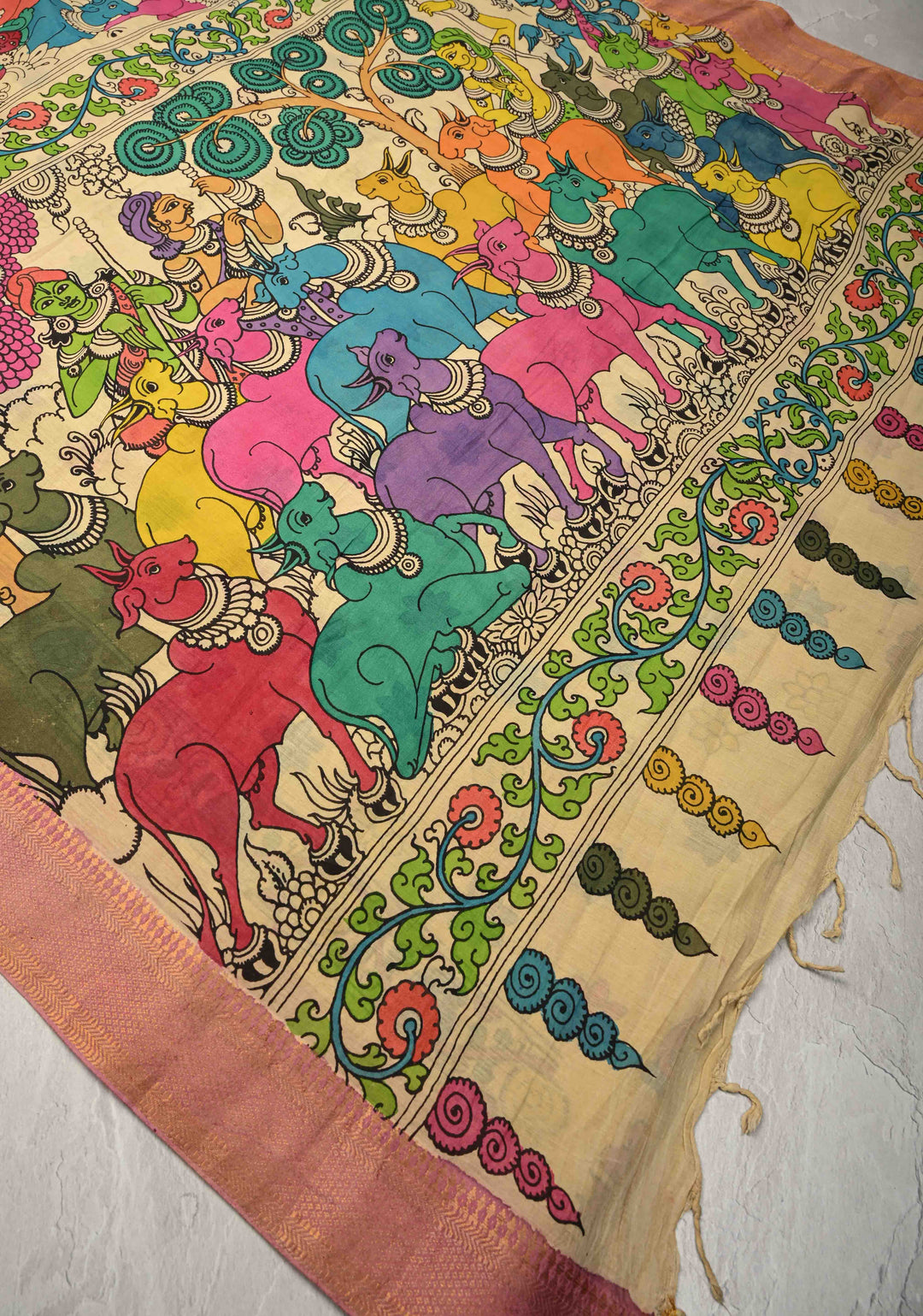 Krishna-Balraam and Pichwai Theme : Authentic Pen Kalamkari on Pure Mangalagiri Silk Cotton Saree with Zari Borders