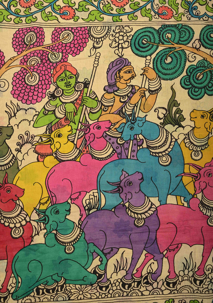 Krishna-Balraam and Pichwai Theme : Authentic Pen Kalamkari on Pure Mangalagiri Silk Cotton Saree with Zari Borders